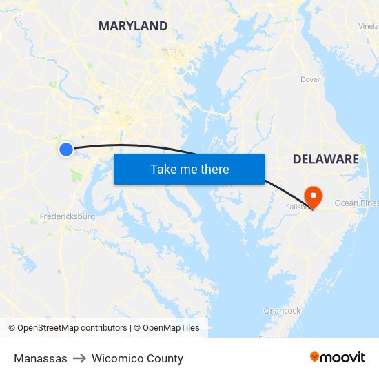 Manassas to Wicomico County map