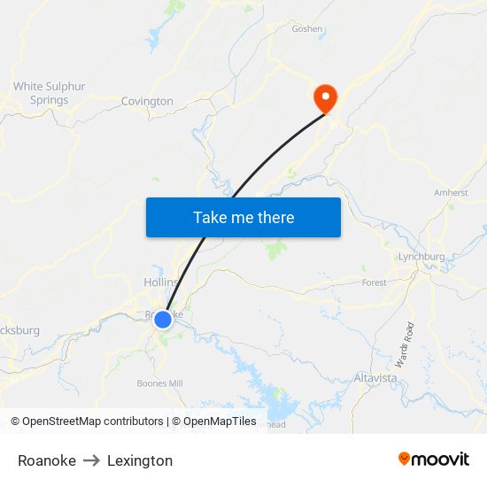 Roanoke to Lexington map