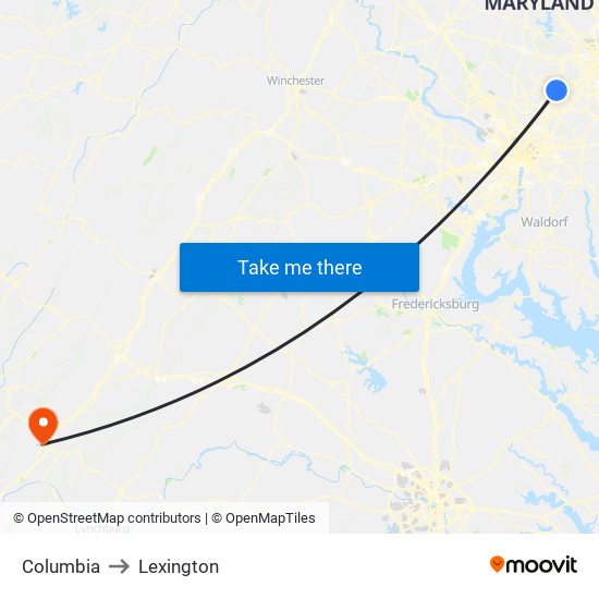 Columbia to Lexington map