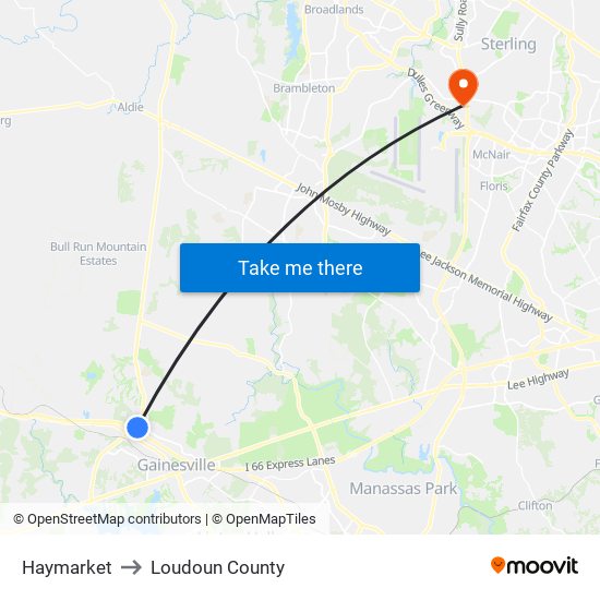 Haymarket to Loudoun County map