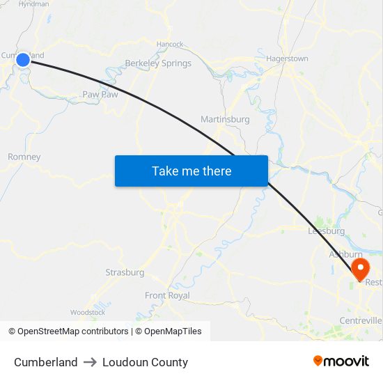 Cumberland to Loudoun County map