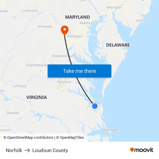 Norfolk to Loudoun County map