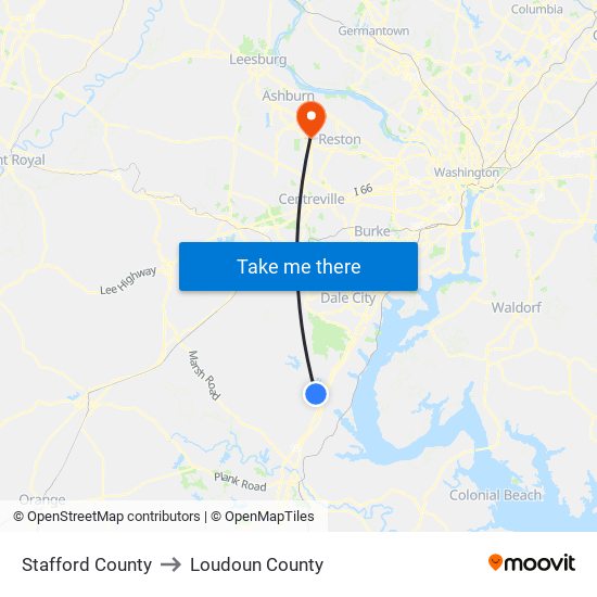 Stafford County to Loudoun County map