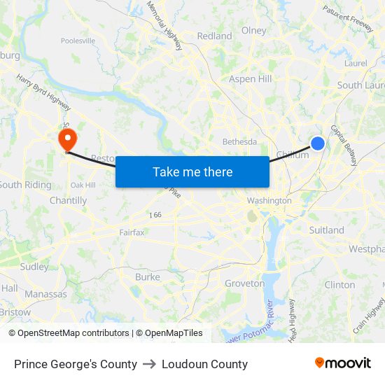Prince George's County to Loudoun County map