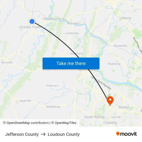 Jefferson County to Loudoun County map