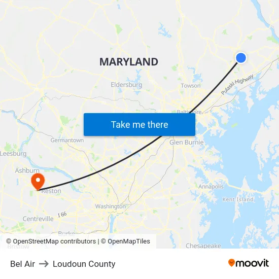 Bel Air to Loudoun County map