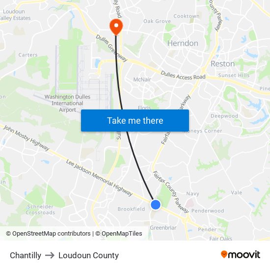 Chantilly to Loudoun County map