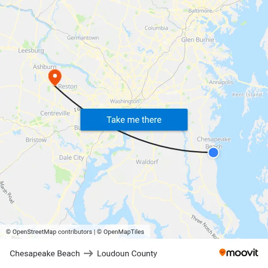 Chesapeake Beach to Loudoun County map
