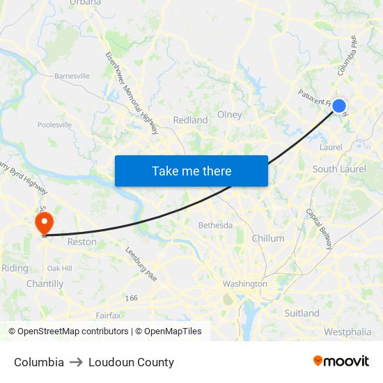 Columbia to Loudoun County map