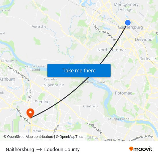 Gaithersburg to Loudoun County map