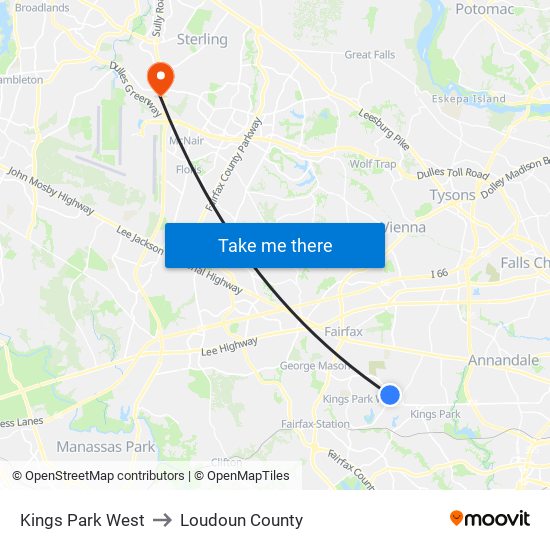 Kings Park West to Loudoun County map