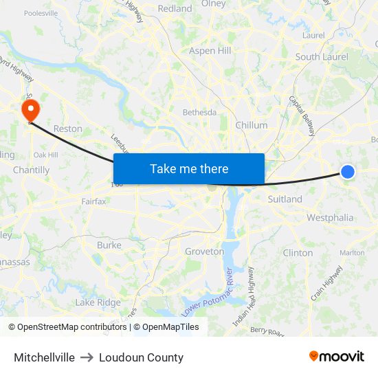 Mitchellville to Loudoun County map