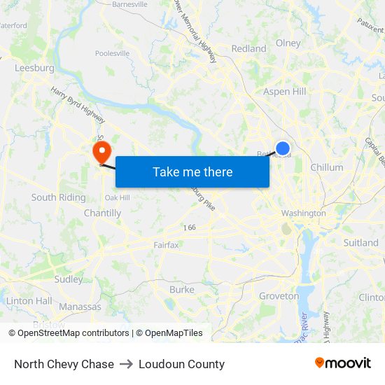 North Chevy Chase to Loudoun County map