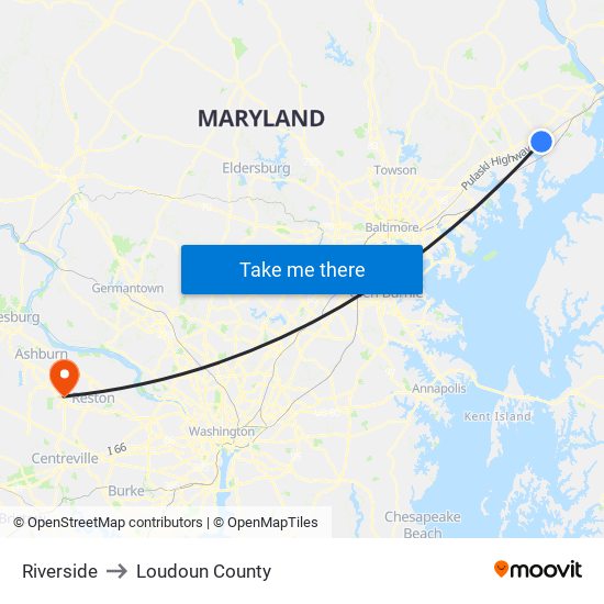 Riverside to Loudoun County map