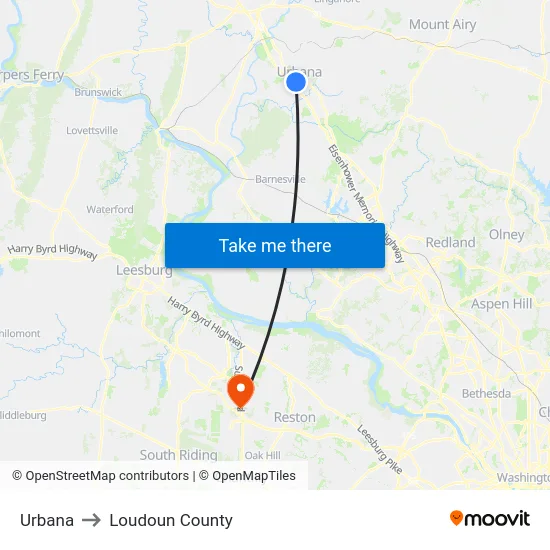 Urbana to Loudoun County map