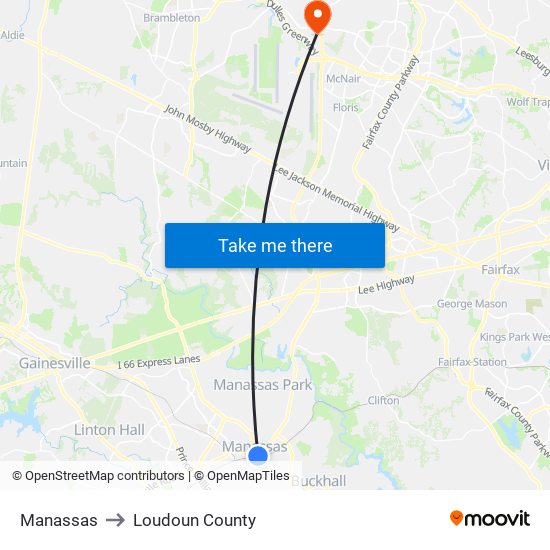 Manassas to Loudoun County map