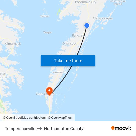 Temperanceville to Northampton County map