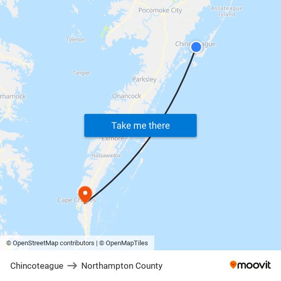 Chincoteague to Northampton County map