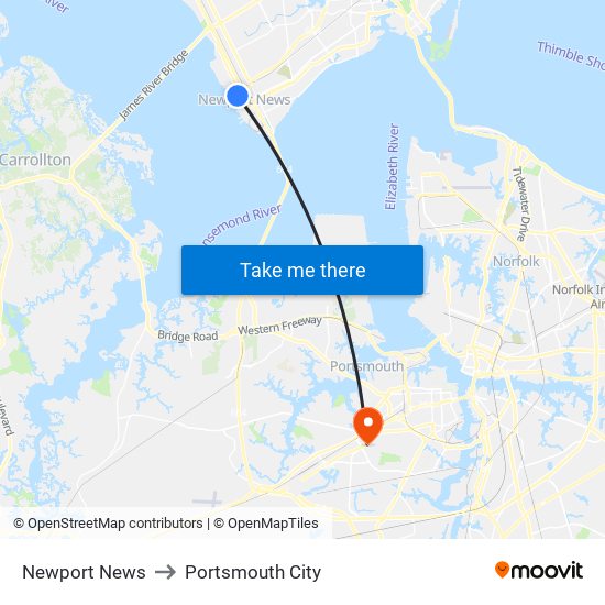 Newport News to Portsmouth City map