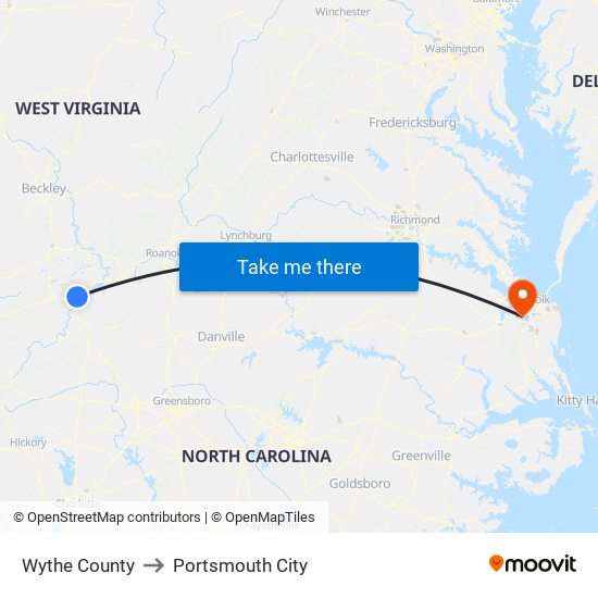 Wythe County to Portsmouth City map