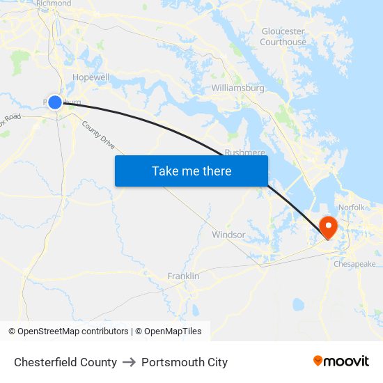 Chesterfield County to Portsmouth City map