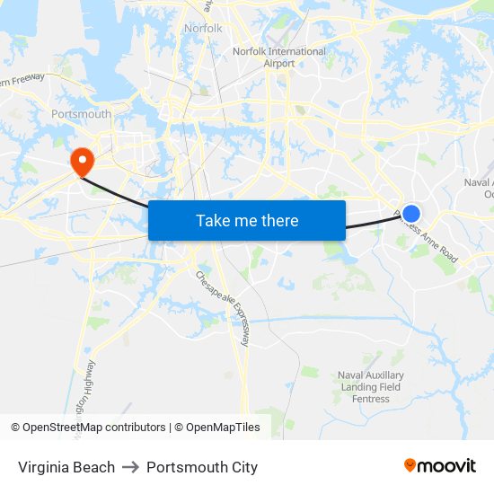 Virginia Beach to Portsmouth City map