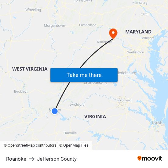 Roanoke to Jefferson County map