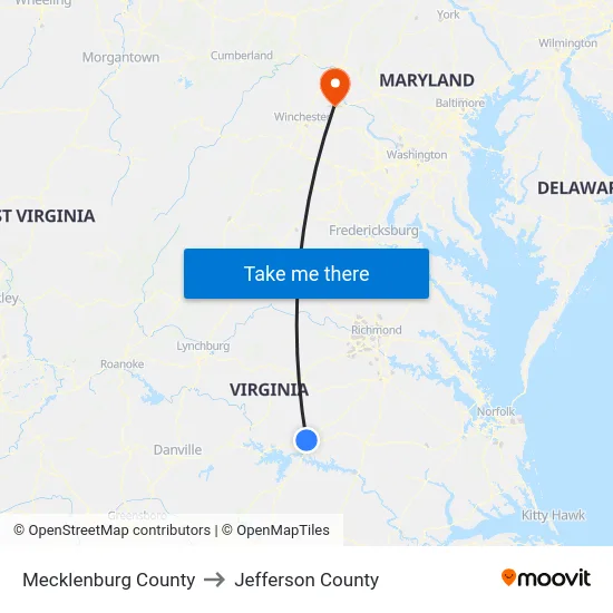 Mecklenburg County to Jefferson County map