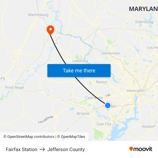 Fairfax Station to Jefferson County map