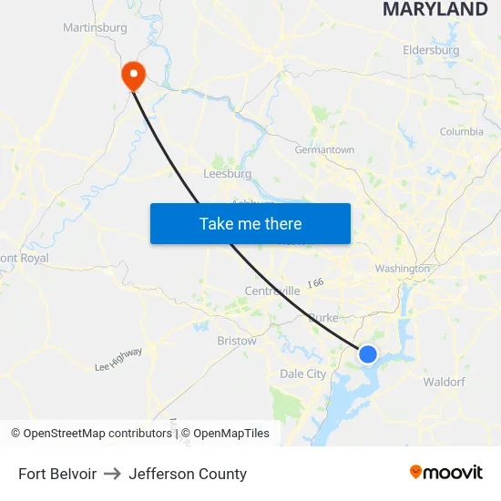 Fort Belvoir to Jefferson County map