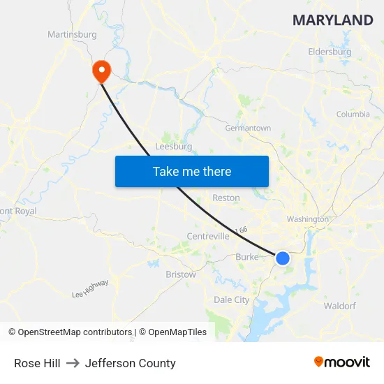 Rose Hill to Jefferson County map