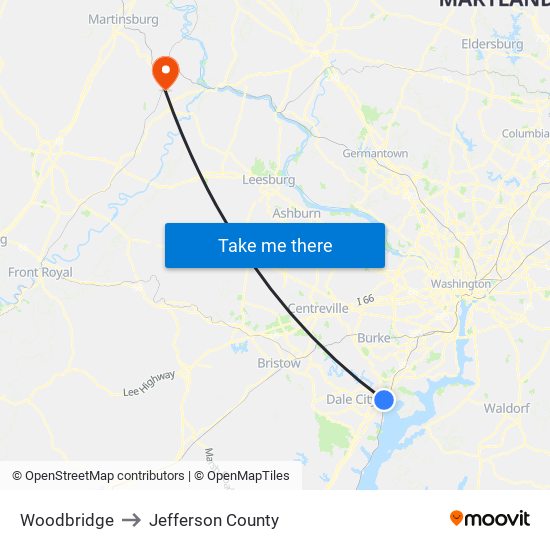 Woodbridge to Jefferson County map