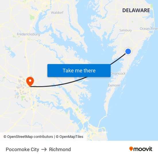 Pocomoke City to Richmond map