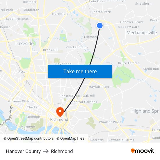 Hanover County to Richmond map