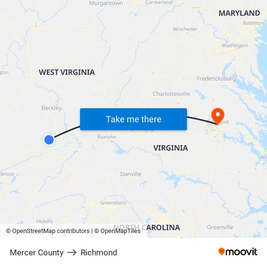 Mercer County to Richmond map