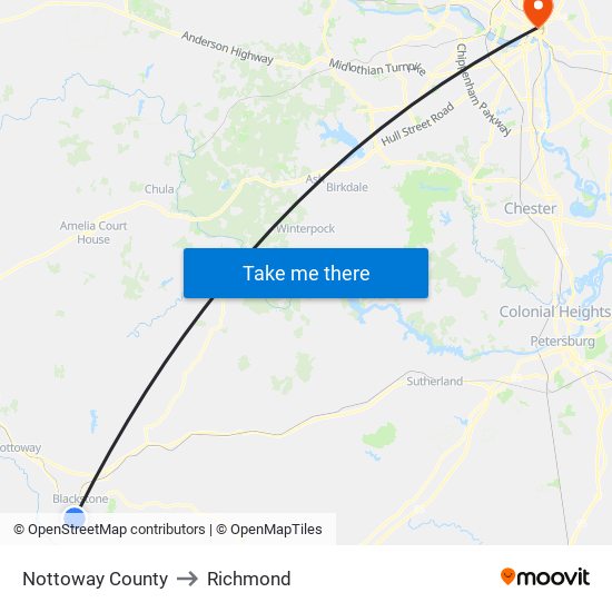 Nottoway County to Richmond map