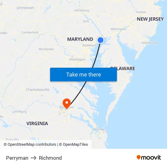 Perryman to Richmond map