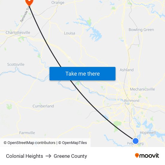 Colonial Heights to Greene County map