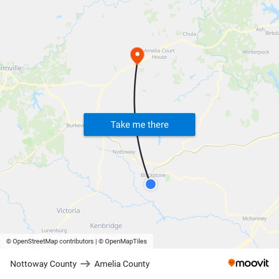 Nottoway County to Amelia County map