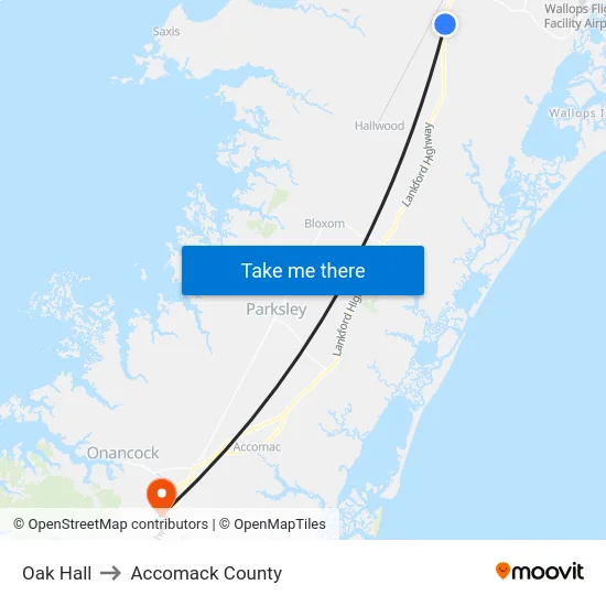 Oak Hall to Accomack County map