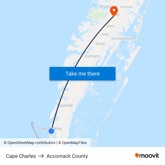 Cape Charles to Accomack County map