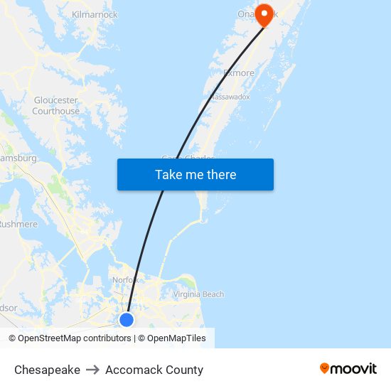 Chesapeake to Accomack County map