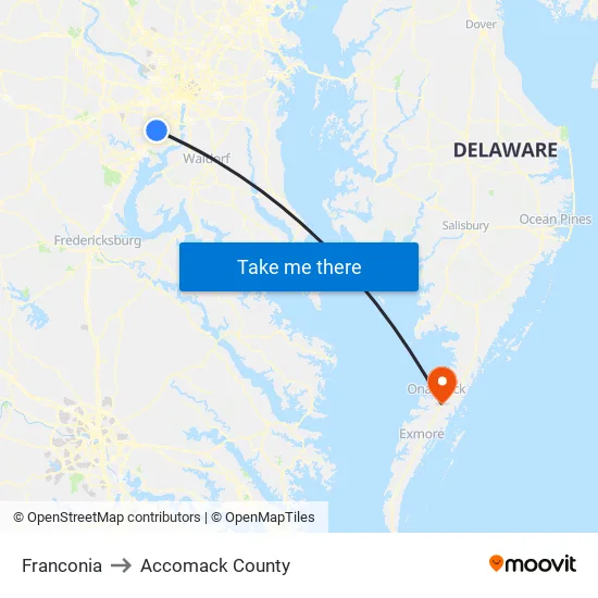 Franconia to Accomack County map