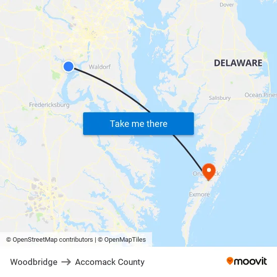Woodbridge to Accomack County map