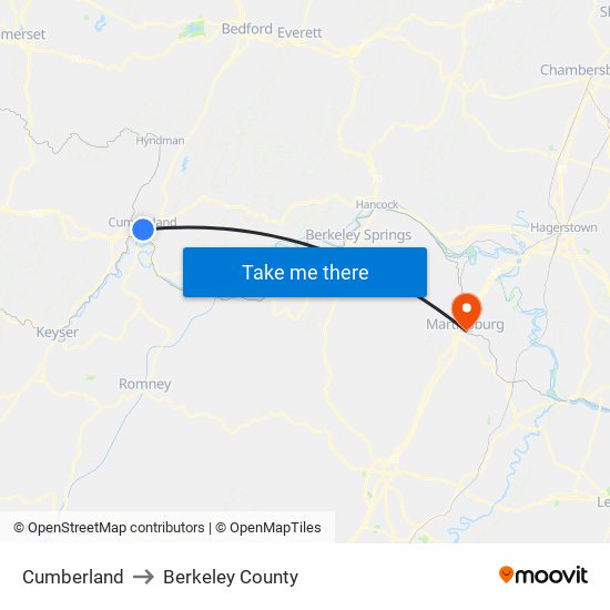 Cumberland to Berkeley County map