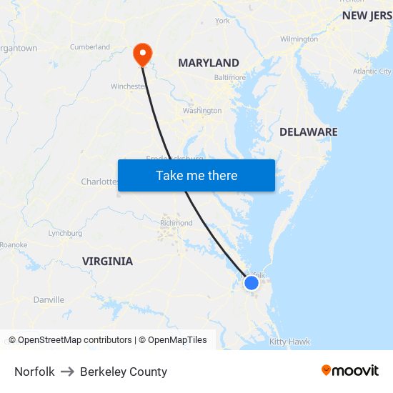 Norfolk to Berkeley County map