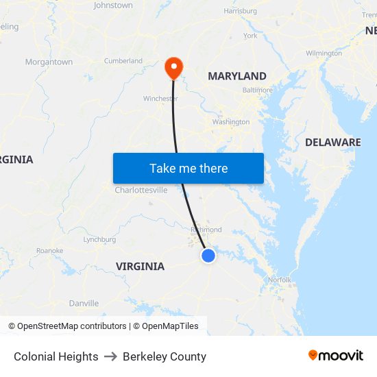 Colonial Heights to Berkeley County map