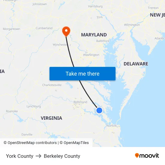 York County to Berkeley County map
