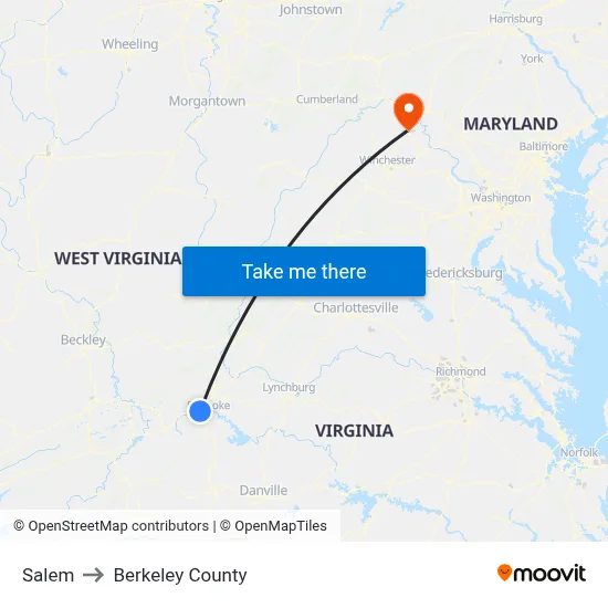 Salem to Berkeley County map