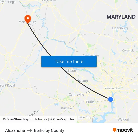 Alexandria to Berkeley County map